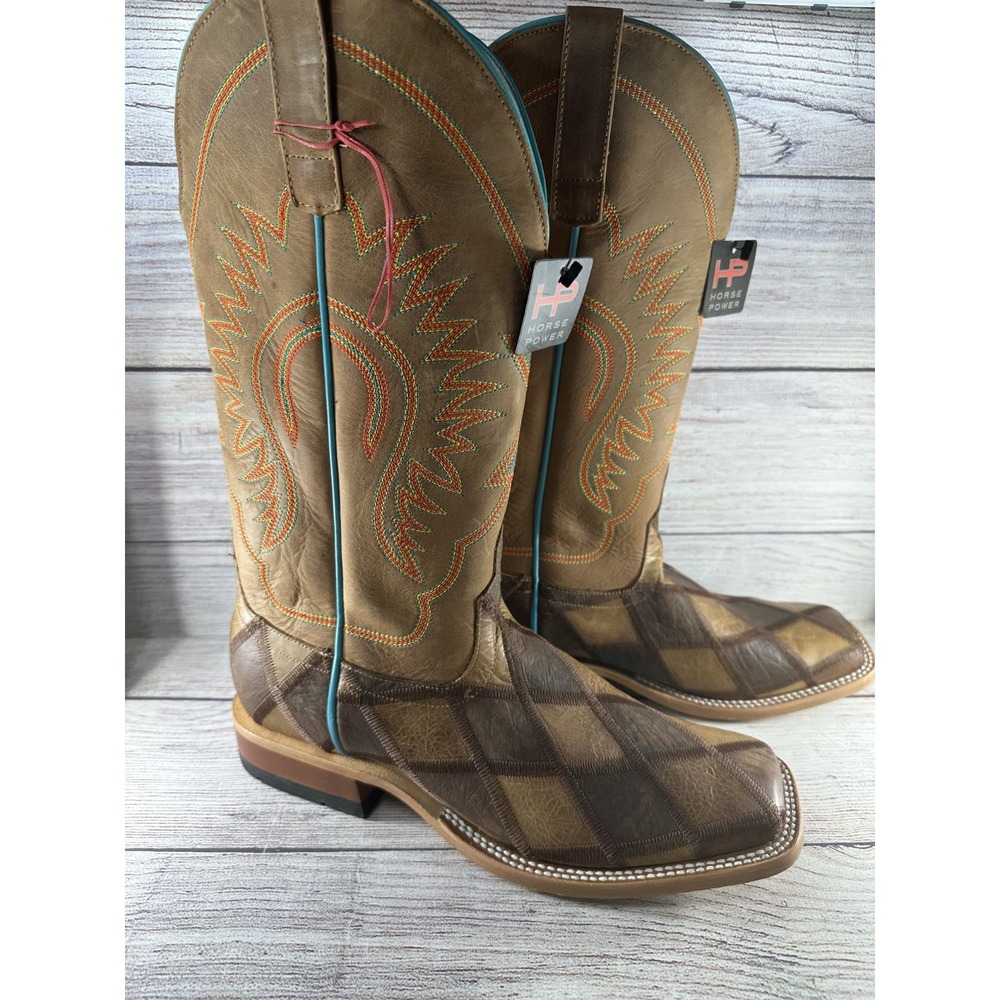 Horse Power Men's Tan Patchwork Square Toe Western Cowboy Boots Size 10D HP1053